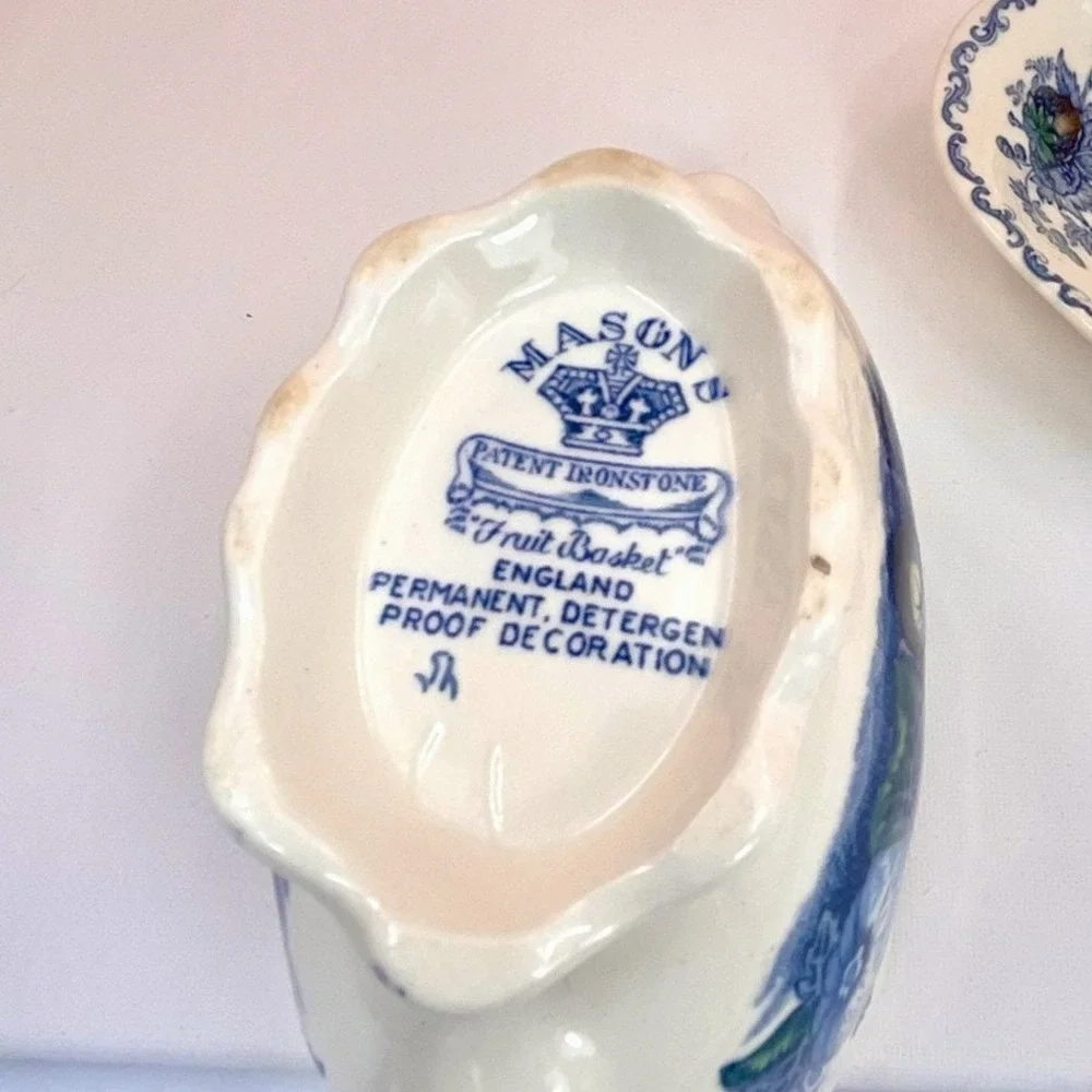 Mason's Ironstone Gravy Boat with‎ Saucer: Blue Fruit Basket Chinoiserie